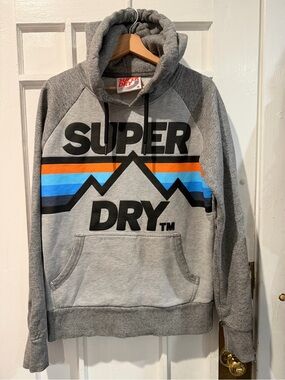 Superdry Gray Hoodie with Blue and Orange Stripe Graphic